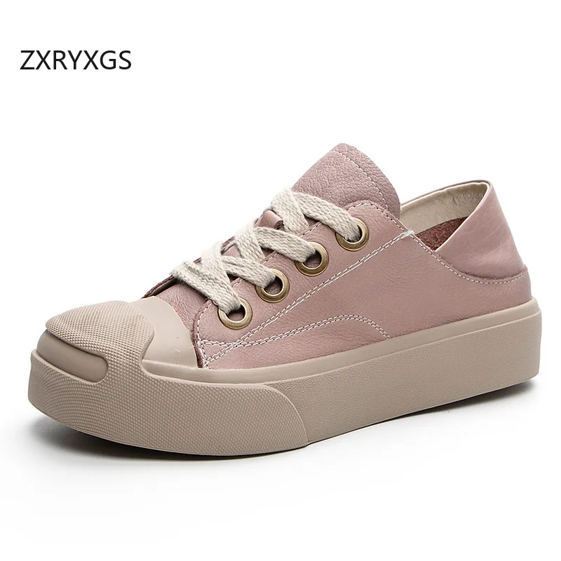 

ZXRYXGS Top Layer Washed Cowhide Inner and Outer Full Real Leather Shoes Flat Platform Shoes 2024 New Women Sneakers Tide Shoes