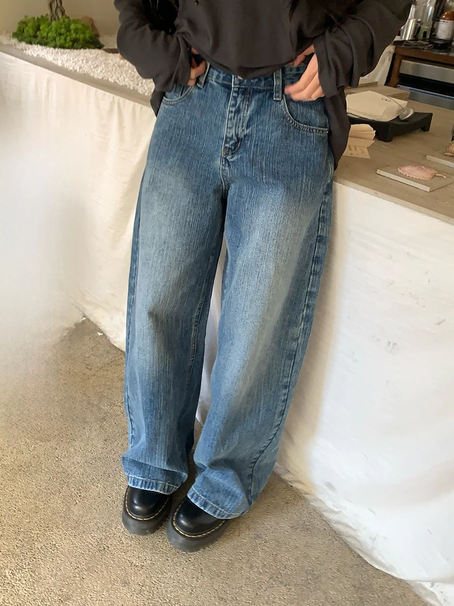 

Sinbounboun Vintage High Waist Draped Denim Jeans Casual Style Women's Straight Leg Pants Winter Season Fashion Sensation