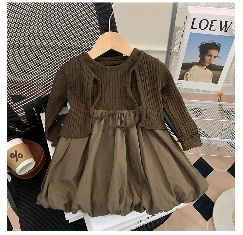 Dress Spring Autumn Girl Baby Children Personality Tide Korean Fashionable Cardigan Vest Flower Bud Causal 2024 Solid