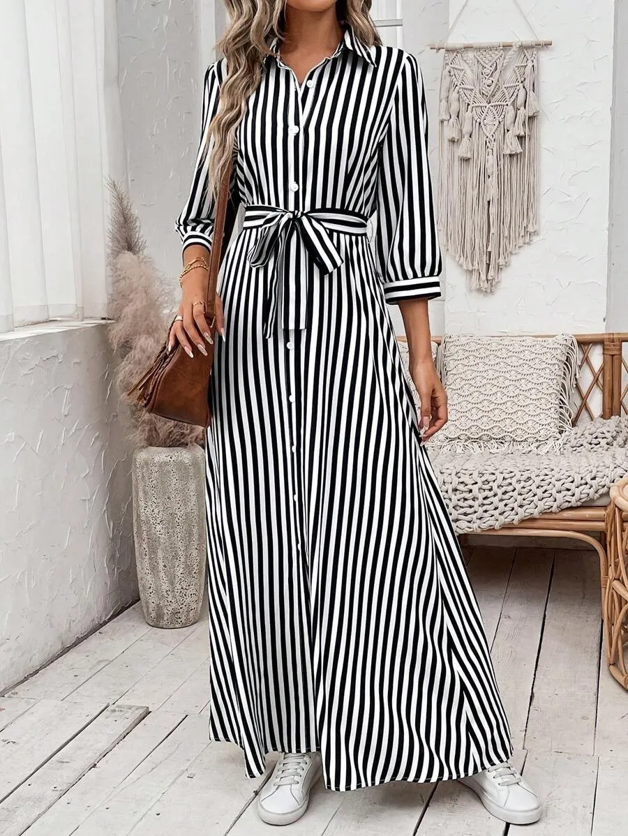 

Women's Autumn Dress Long Sleeve Leaf Print Belted Color Block Casual Midi Long Dresses For Fall 2025