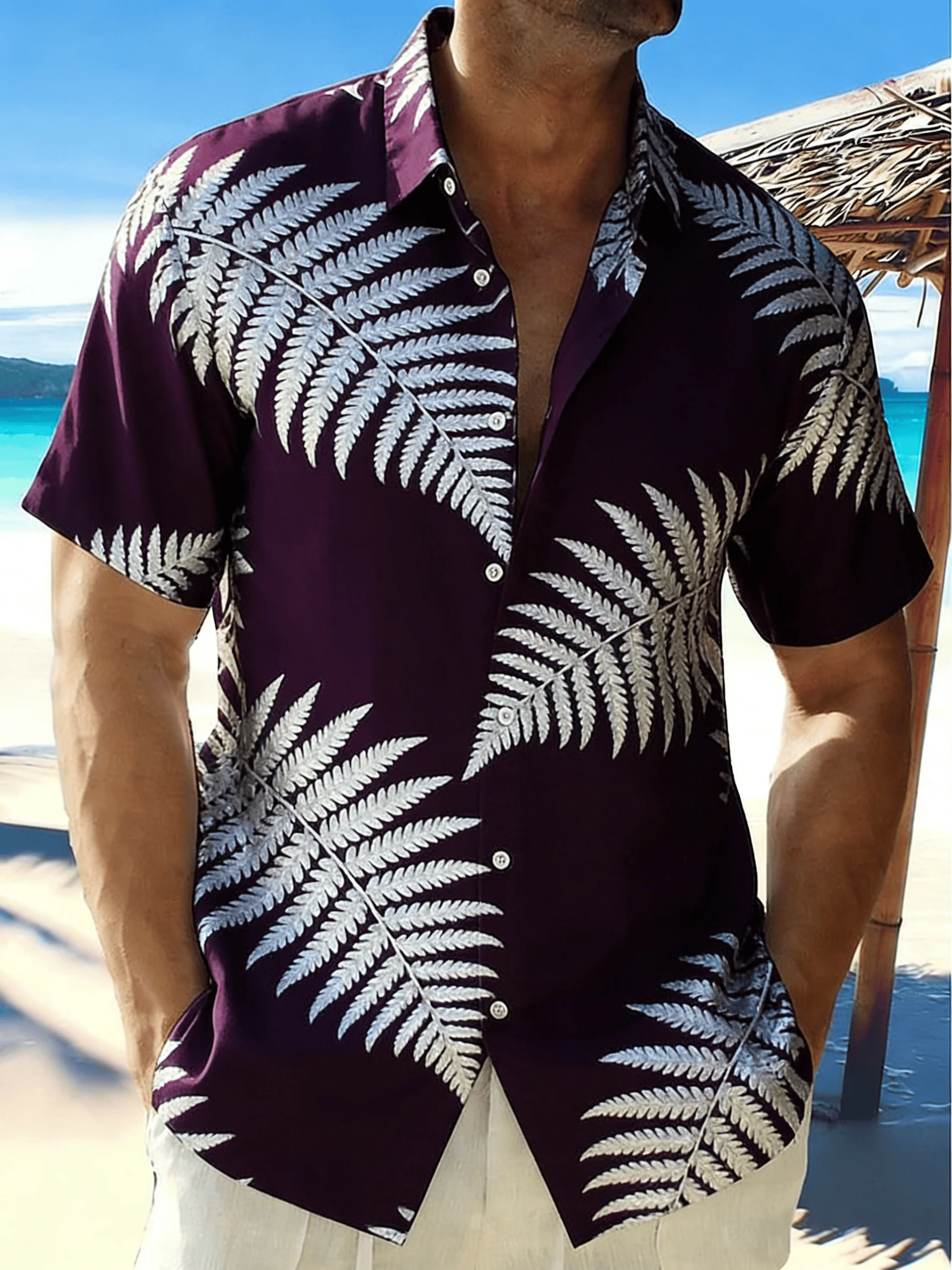 

Men's Fern Print Short Sleeve Shirt, Spring Summer Luxury Vacation Casual Top, Pocket Lapel Styl