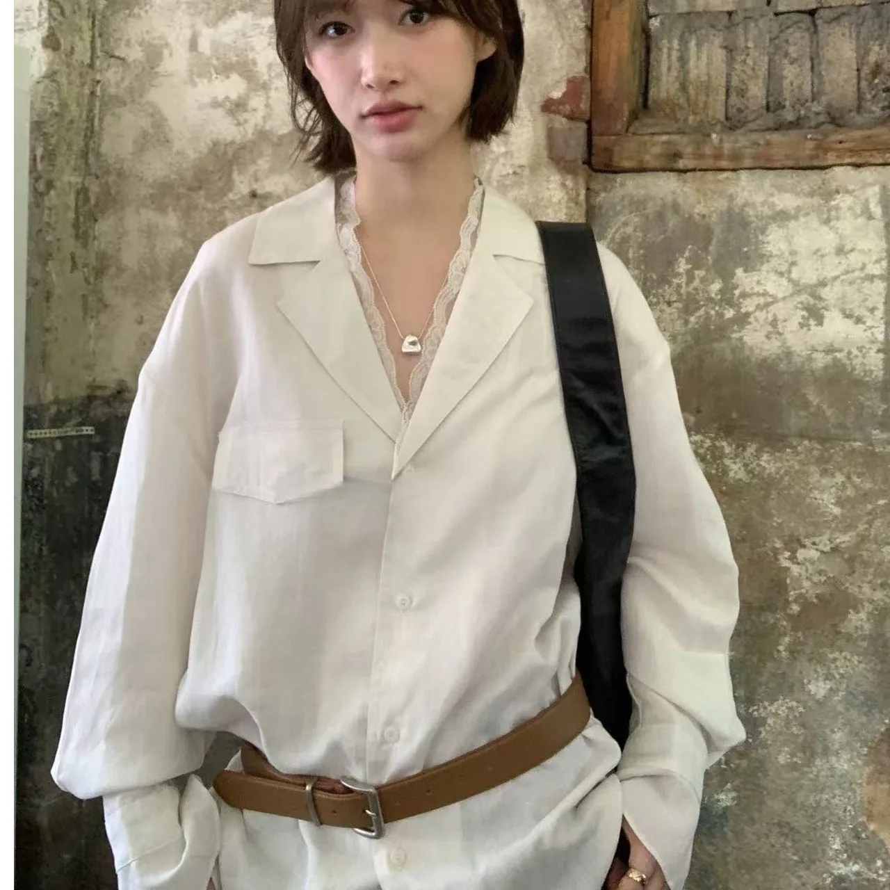 

Ele Early Autumn Chic irt Loose Long Sve Turn-down Collar Women's Faion Korean Sle Lightweight Non-stretchable