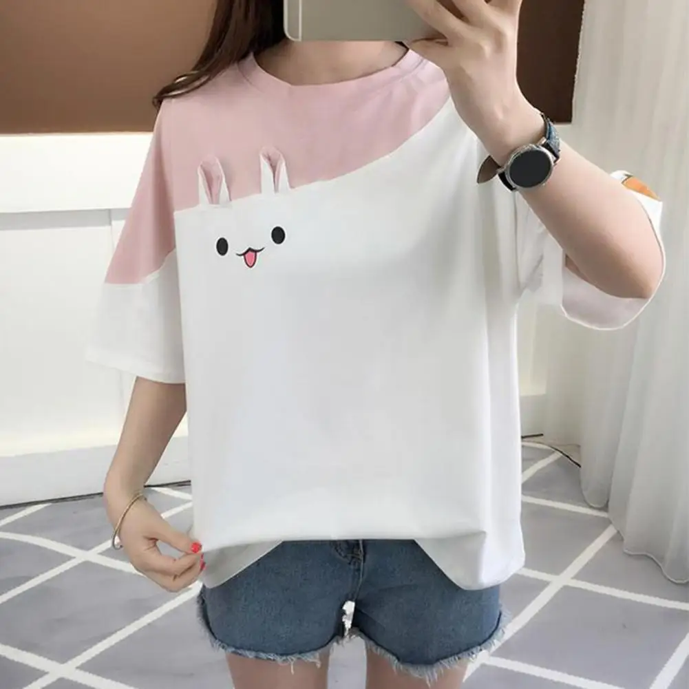 Women T-shirt Color Block Bunny Ear Decor O Neck Short Sleeves Rabbit Embroidery Match Pants Kawaii Women Top Women Clothes