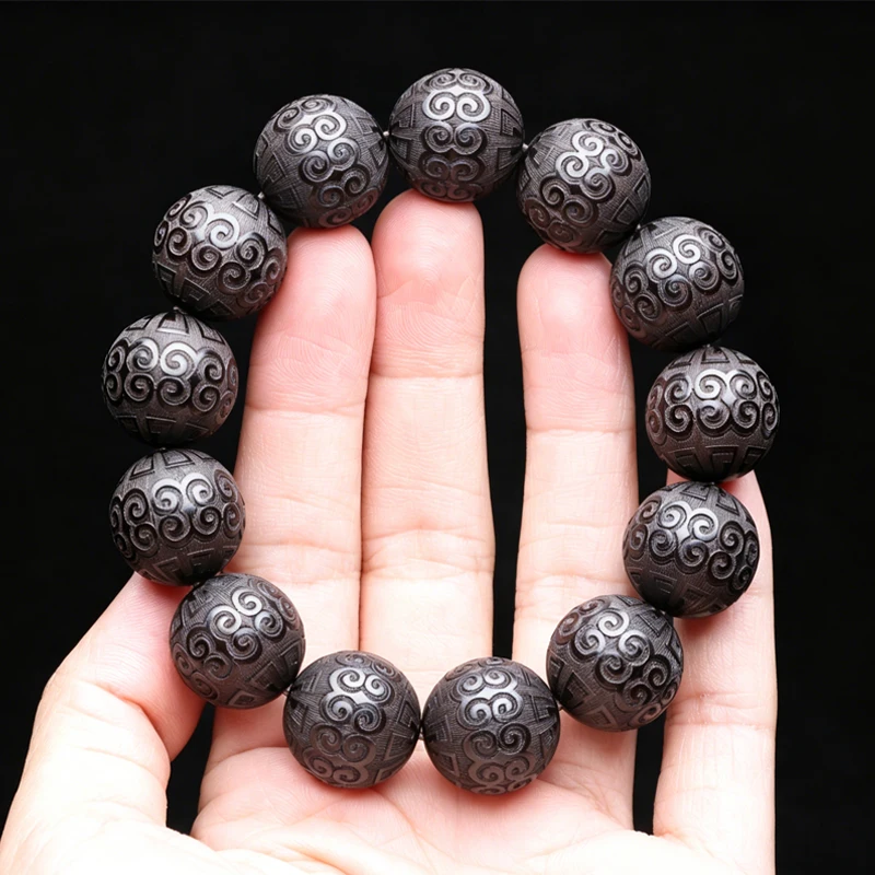 Natural Ebony Bracelet, Key Pattern Beads, Auspicious Cloud Beads, Prayer Beads, Lucky Decorations,Classic Carved Bracelets