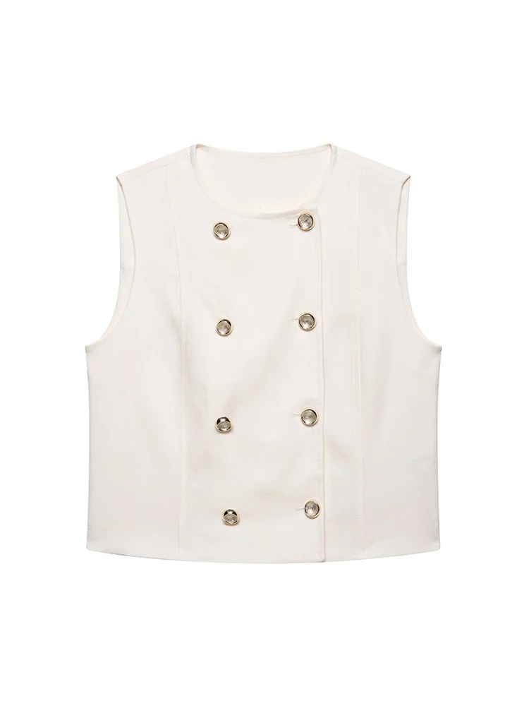

KUCLUT Women Fashion Beige Double Breasted Sleeveless Jacket Vintage O-Neck Vest Waistcoats Female Chic Lady Tank Tops