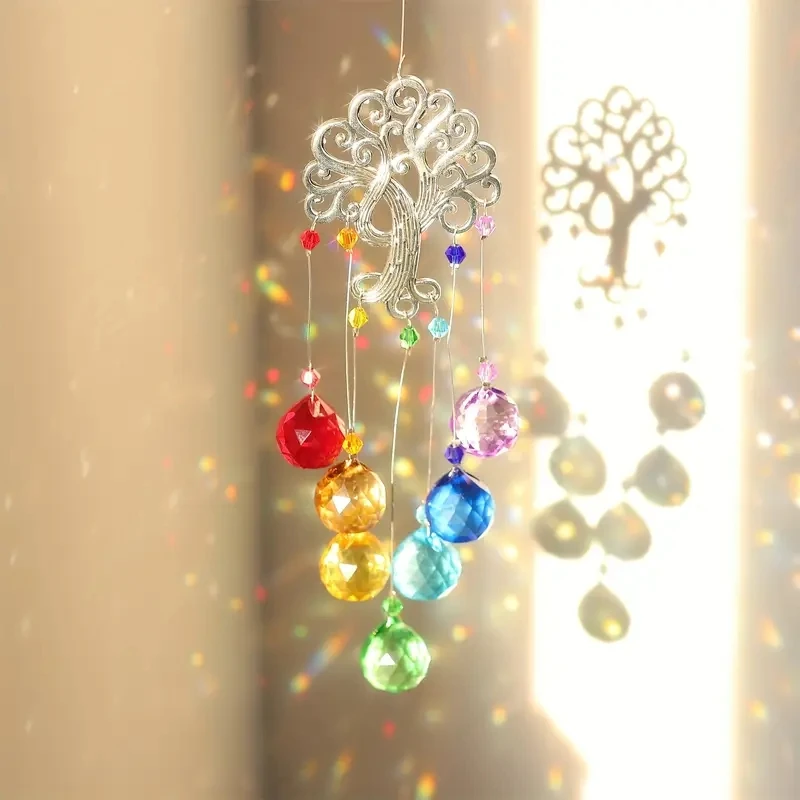 1 Stück Kristallglas Sonnenschutz Chakra Farbe Kugel Prisma Baum des Lebens, Fenster hängende Dekoration Regenbogen Sonnenfänger
