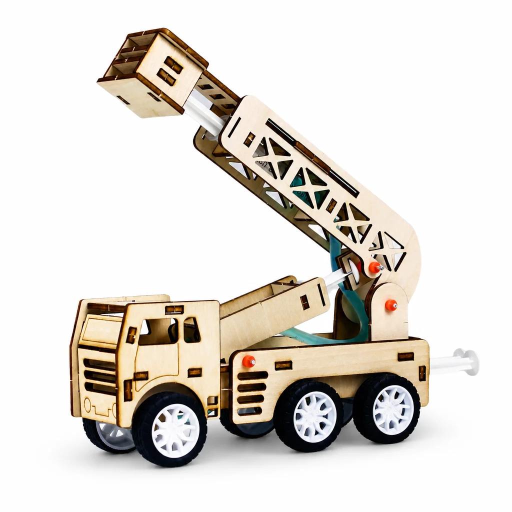 Wooden DIY Fire Truck Ladder Model STEM Science Kits for Kids Physics Hydraulic Transmission Educational Toy Teaching Aids