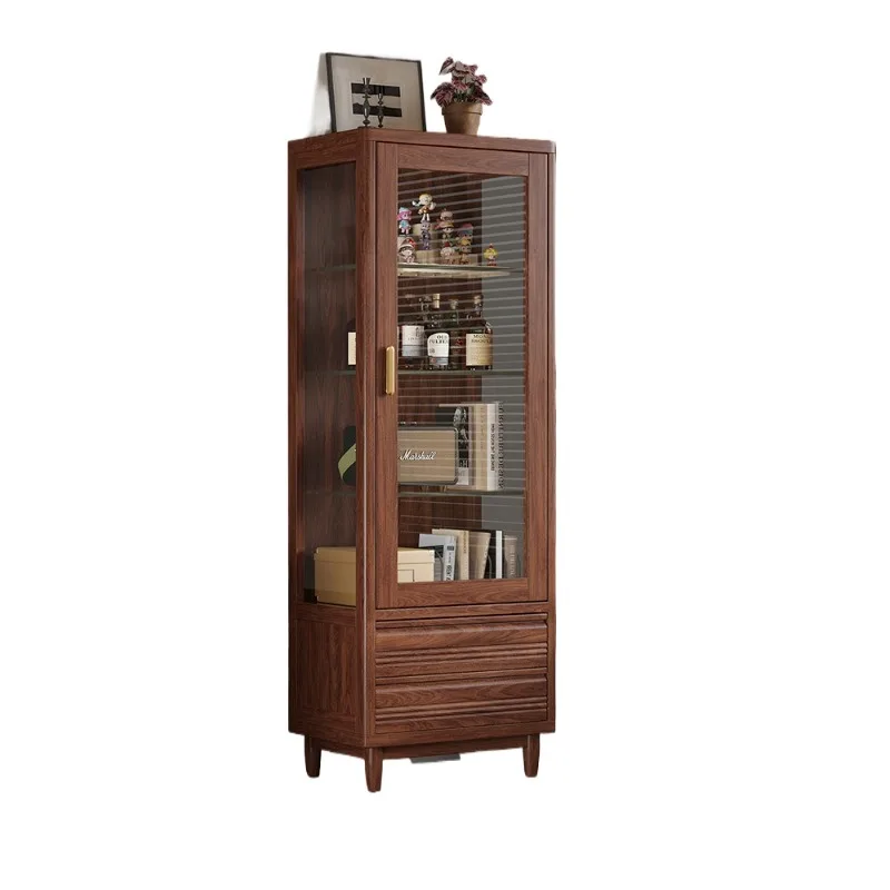 Black walnut antique glass door figure display bookcase, solid wood wine cabinet, household display cabinet, narrow side cabinet