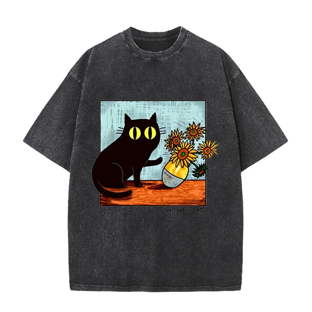 2026 Vintage Washed Black T Shirt Van Gogh's Cat Sunflower Art Graphic Tee Unisex Casual Streetwear