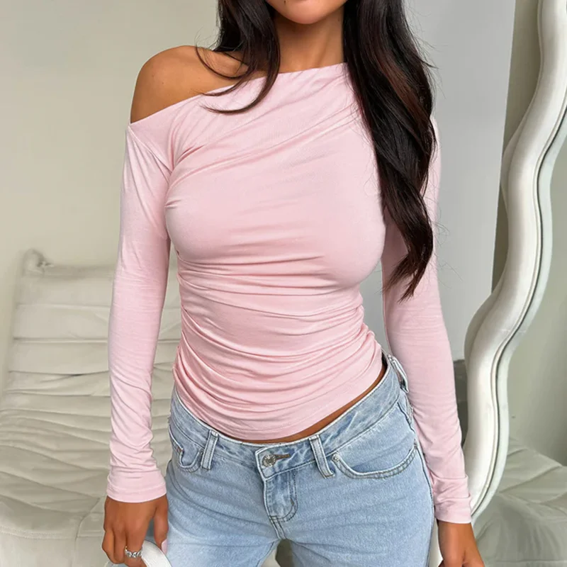 Diseño personalizado, informal, de manga larga, con cuello barco y hombros descubiertos, Top corto ajustado, blusas para salir, camisas ajustadas Y2K XY24338SKO