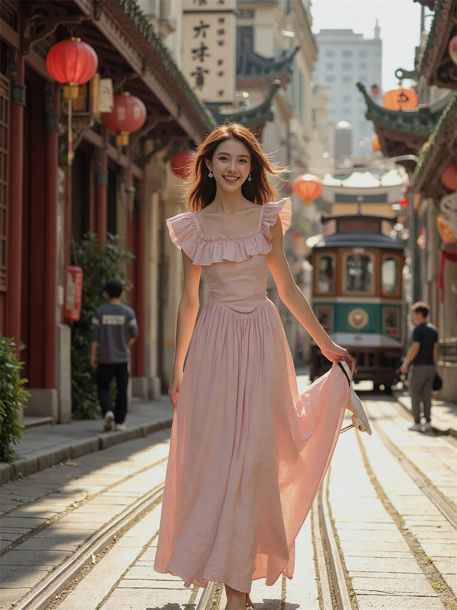 Women'S Pink Dress Woman Square Collar Tierred Ruched Silky Silk Satin Velvet Chiffon Soft Shiny Matte Glossy Texture Fabric