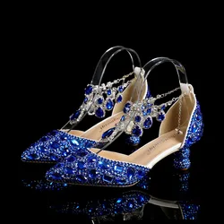 Nuove scarpe con strass da 5 cm con fibbia tacco tondo sandali da sposa in cristallo a punta blu scarpe da ballo sociali scarpe da ballo latino taglia 35-43