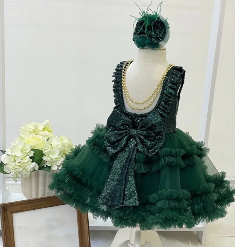 

Emerald Green Flower Girl Dress Glitter Sequin Toddler Dress Baptism Dress Tiered Tulle Toddler Birthday Dress Puff Skirt