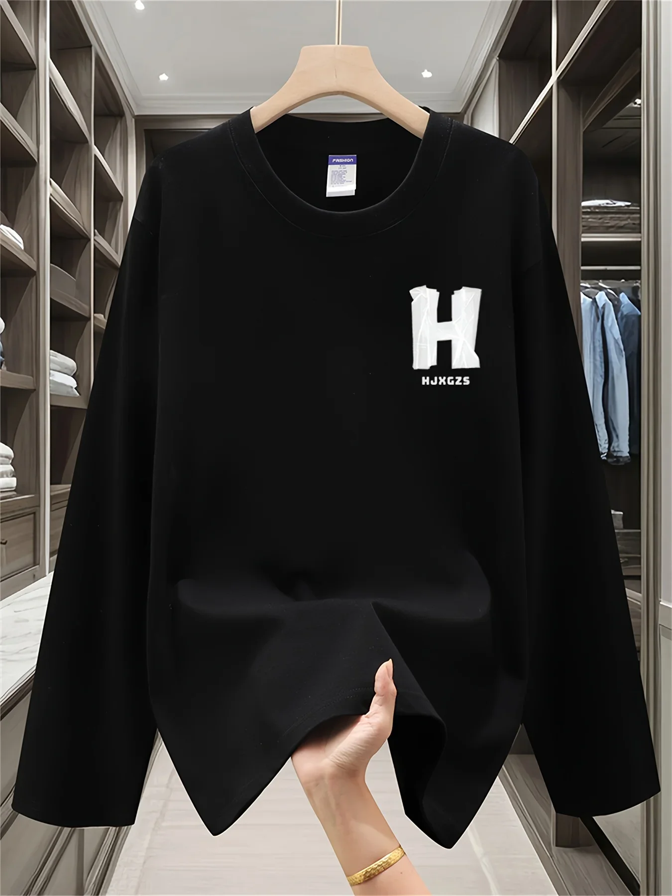 New 100% pure cotton autumn men's and women's long sleeved T-shirt, with washed creases and H letter printing, simple and trendy