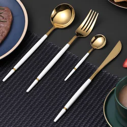 Luxury Portugal Tableware Stainless Steel Cutlery Steak Knife Dessert Fruit Fork Dining Spoon Western Gold Set Kitchen Utensils