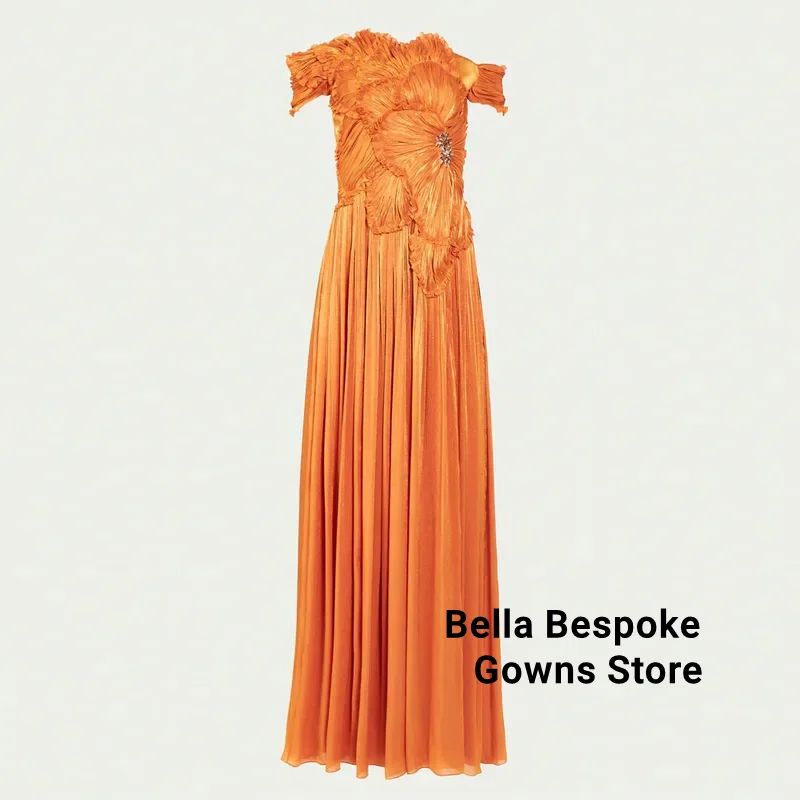 فستان سهرة برتقالي قبالة الكتف مطوي ألف خط مثير حفلة موسيقية فستان رسمي شق الفخذ طول الأرض ثوب مسائي مخصص