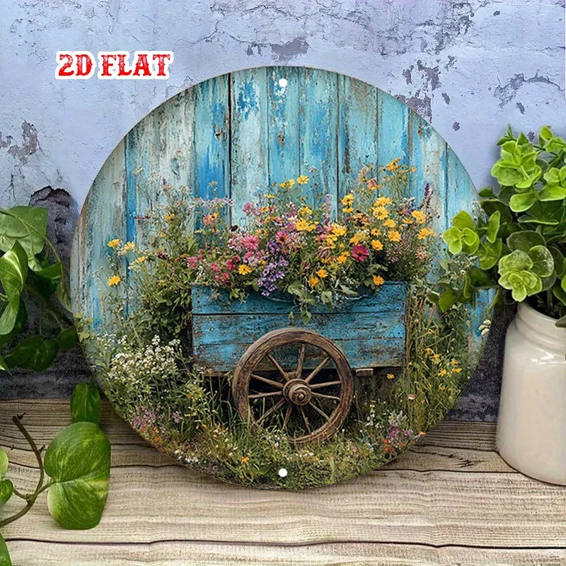 2D Flat, Flat Vintage Blue Cart and Colorful Flowers Round Metal Sign - Rustic Wall Art with Spoked Wheels, Perfect for Cafes, B
