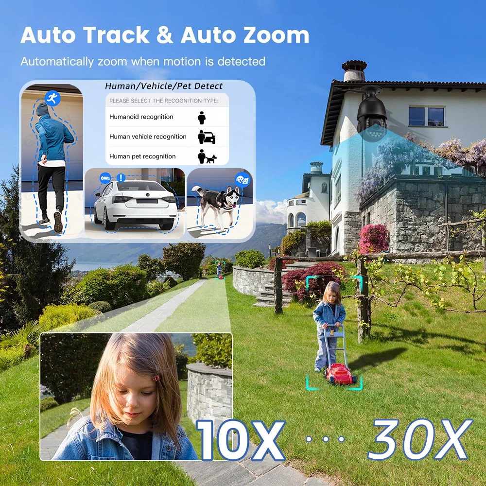 4K 8MP 30X ซูม WiFi กล้องเฝ้าระวังกลางแจ้งเพดานการติดตามอัตโนมัติโดมความเร็ว PTZ สี Night Vision PoE กล้อง IP