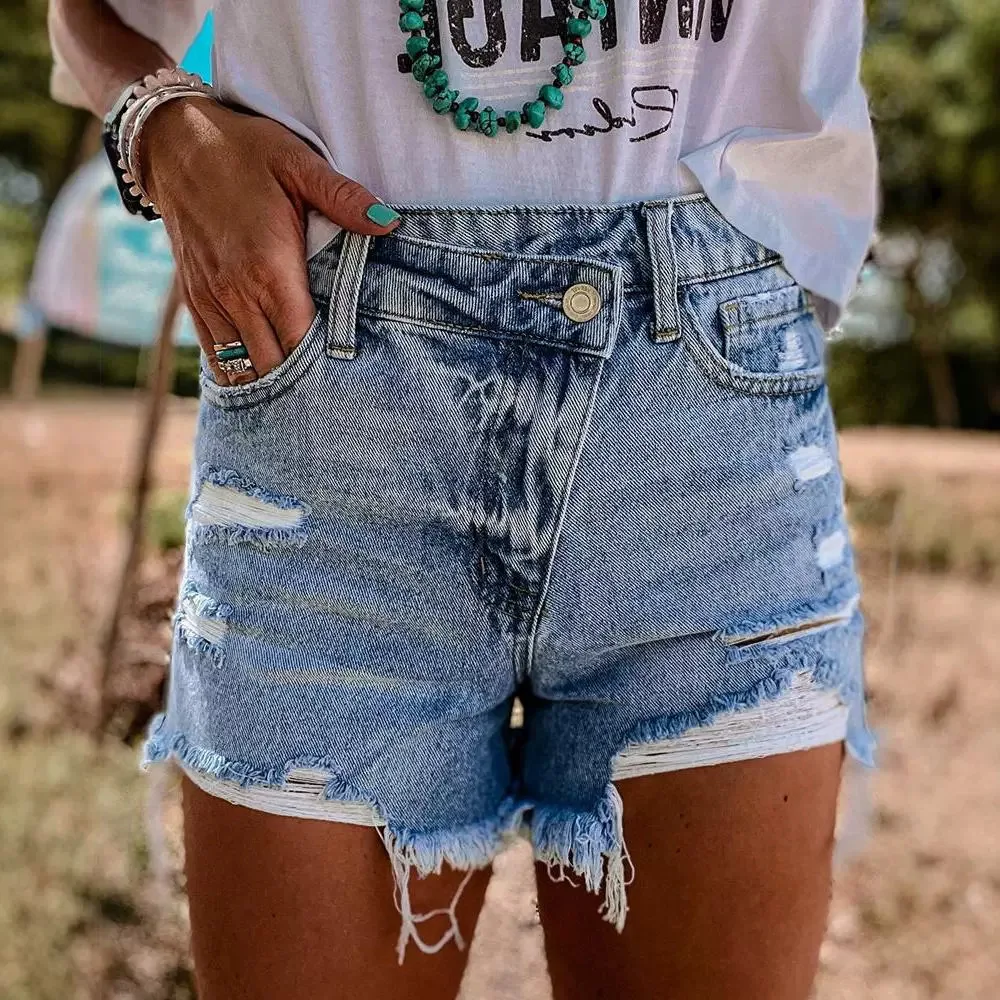 

Women's Clothing Casual Vacation Denim Shorts Button Ripped Solid Color Sexy Slim Jeans Shorts Pants