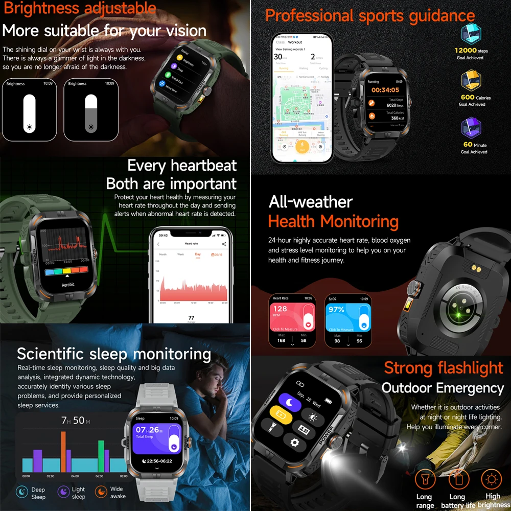 ทนทานทหารสมาร์ทนาฬิกาผู้ชาย AMOLED นาฬิกากลางแจ้ง lP68 กันน้ํา 1.97 "Al Voice Bluetooth Smartwatch สําหรับ Android lOS