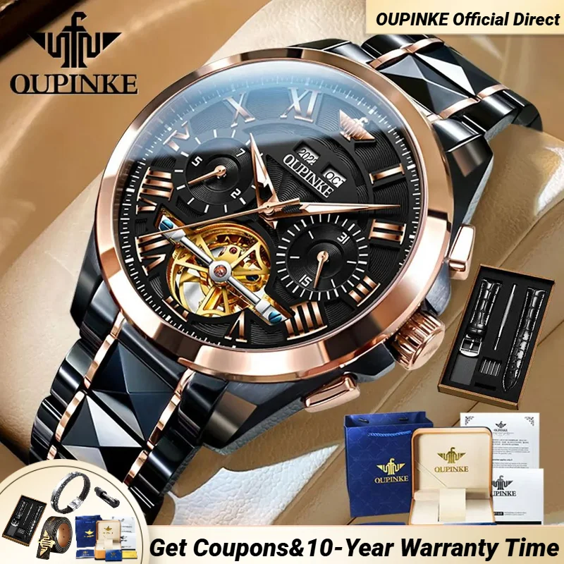 

OUPINKE 3236 TOP Brand Automatic Watch for Men Tungsten Steel Band Waterproof Multifunctional High-end Mechanical Wristwatch Man