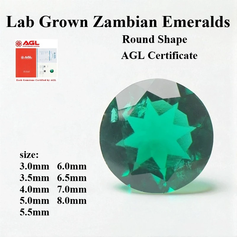 

Lab Grown Zambian Emeralds Round Shape Hydrothermal Hand Cutting with Cracks Inclusions Inside Selectable AGL Certificate