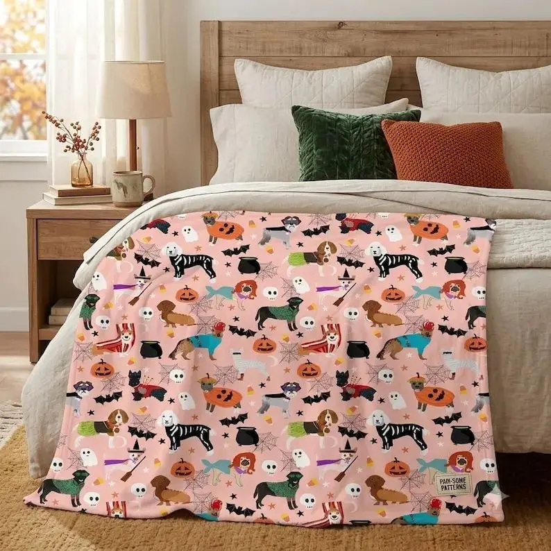 The Latest Halloween Dog Blanket, A Cute Yet Scary Dog Throwing Blanket, Pink Halloween Puppy Fleece Blanket.