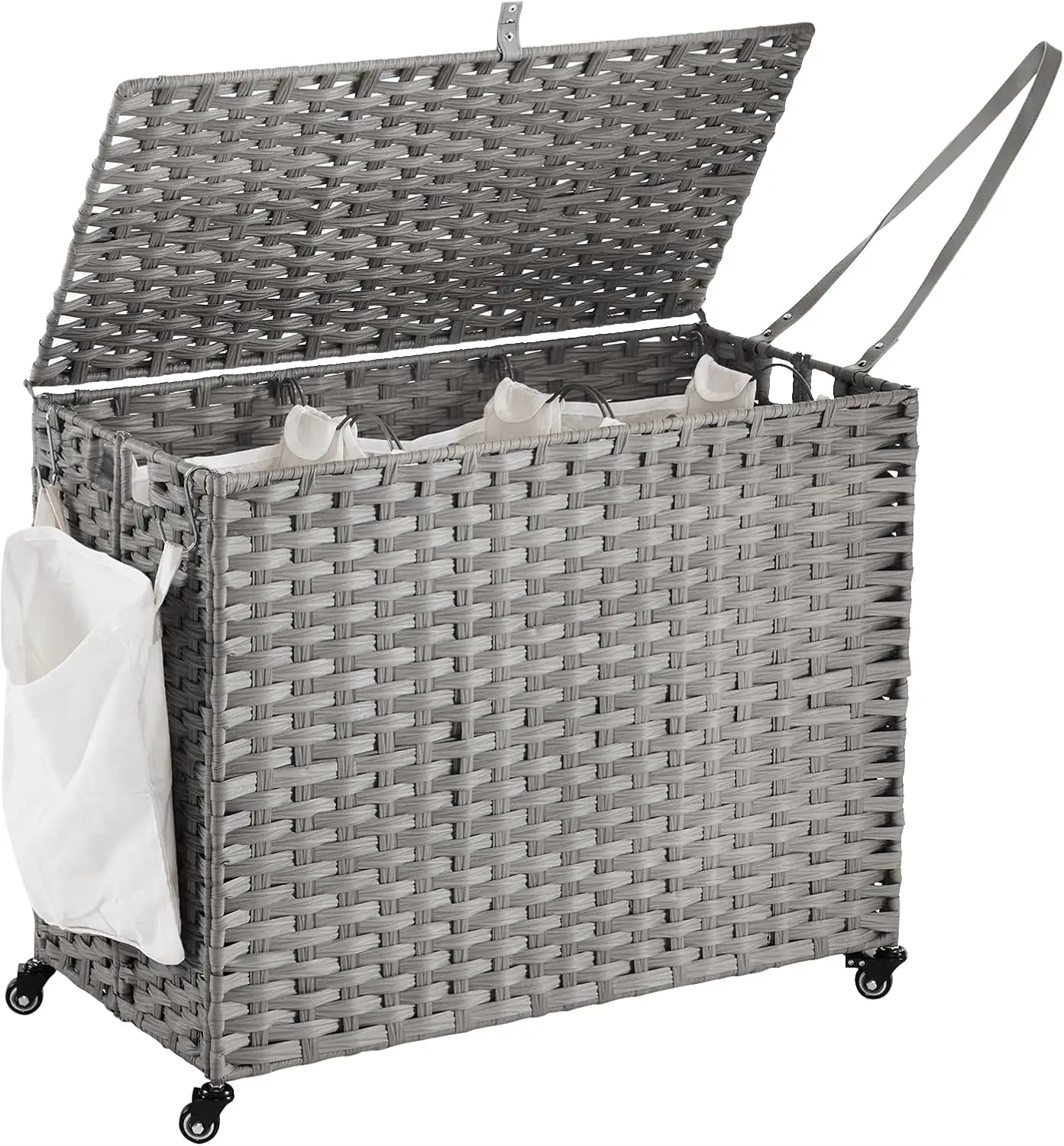 

52.8 Gal Rolling Laundry Hamper with Wheels, 3-Section Sorter with Lid, Removable Liners & Mesh Bags, Side Pocket, Grey