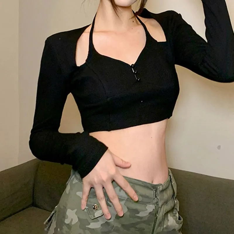 

Черная ажурная футболка с длинным рукавом и разрезом на воротнике, однотонное соблазнительное Стильное женское сверхкороткое облегающее летнее новое пальто