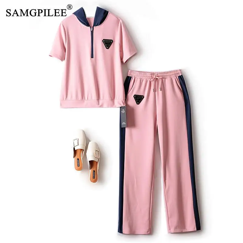 

Summer Pant Suits Women 2022 New Korean Fashion Wide-leg Trousers Hooded Sweater Air Cotton Two Piece Sets Womens Outifits 4XL