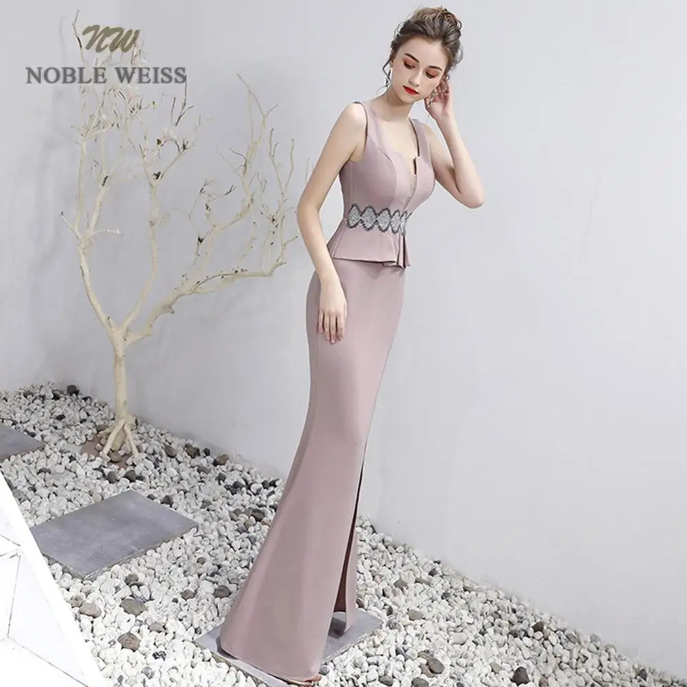 Sexy Prom Dress V-Neck Floor-Length Satin Beading Prom Dresses With Split Party Dress Customized