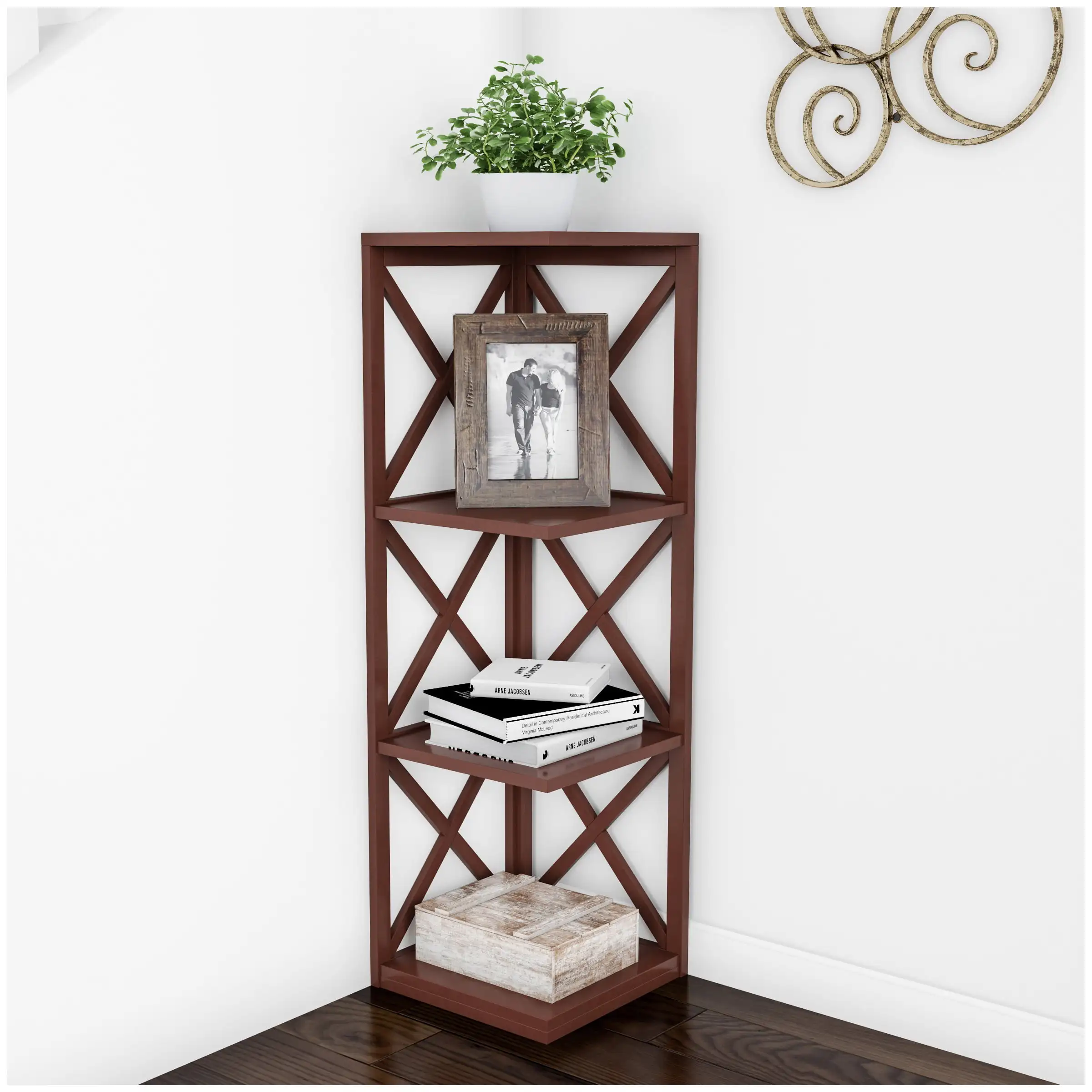 

4-Shelf Corner Bookcase- Open Criss-Cross Style Etagere Shelving Unit for Decoration, Storage and Display in Home & Office by La