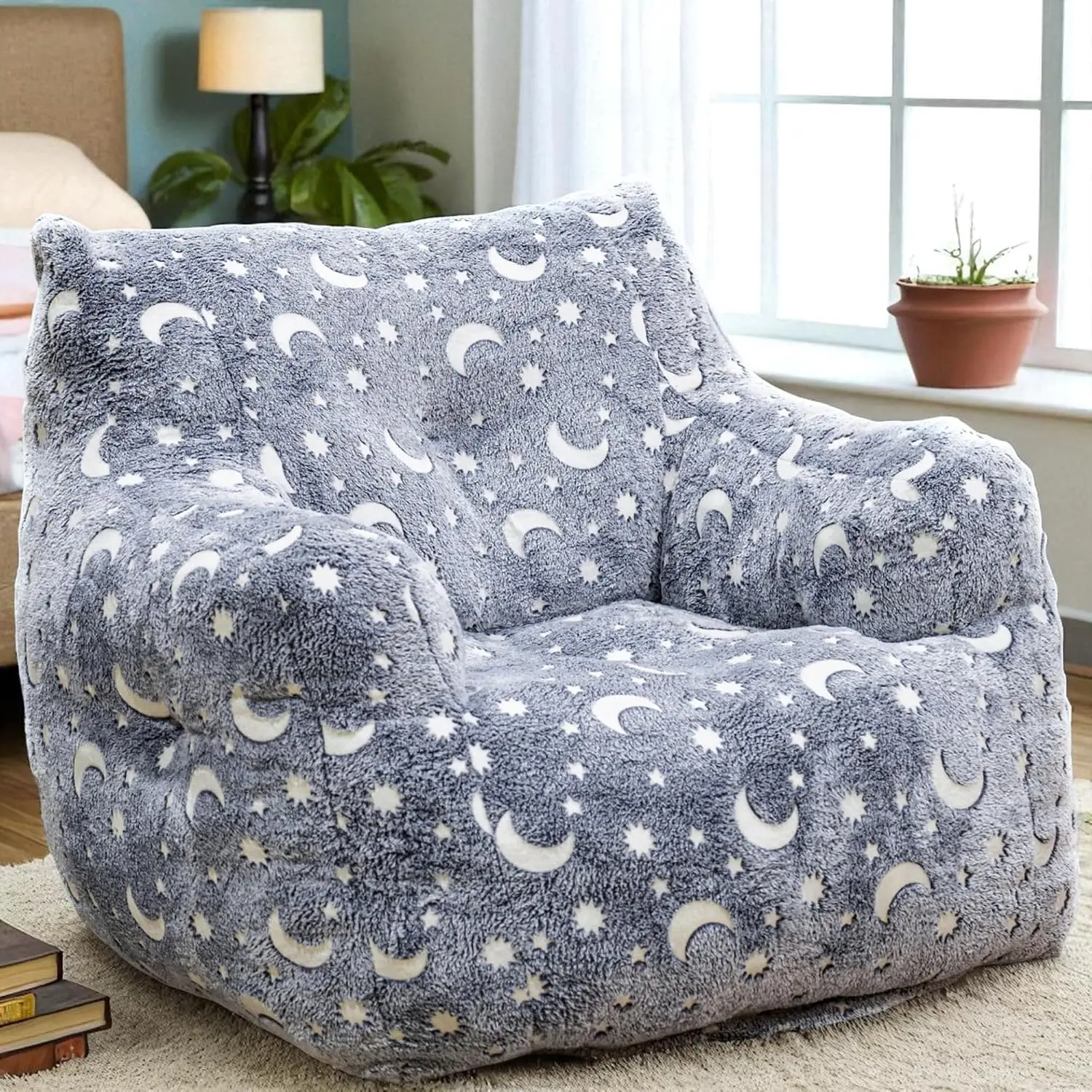 Bean Bag Chairs, Faux Fur BeanBag Chair with Memory Foam for Bedroom, Living Room, Reading, Adults - Grey - Star - Glow in The D