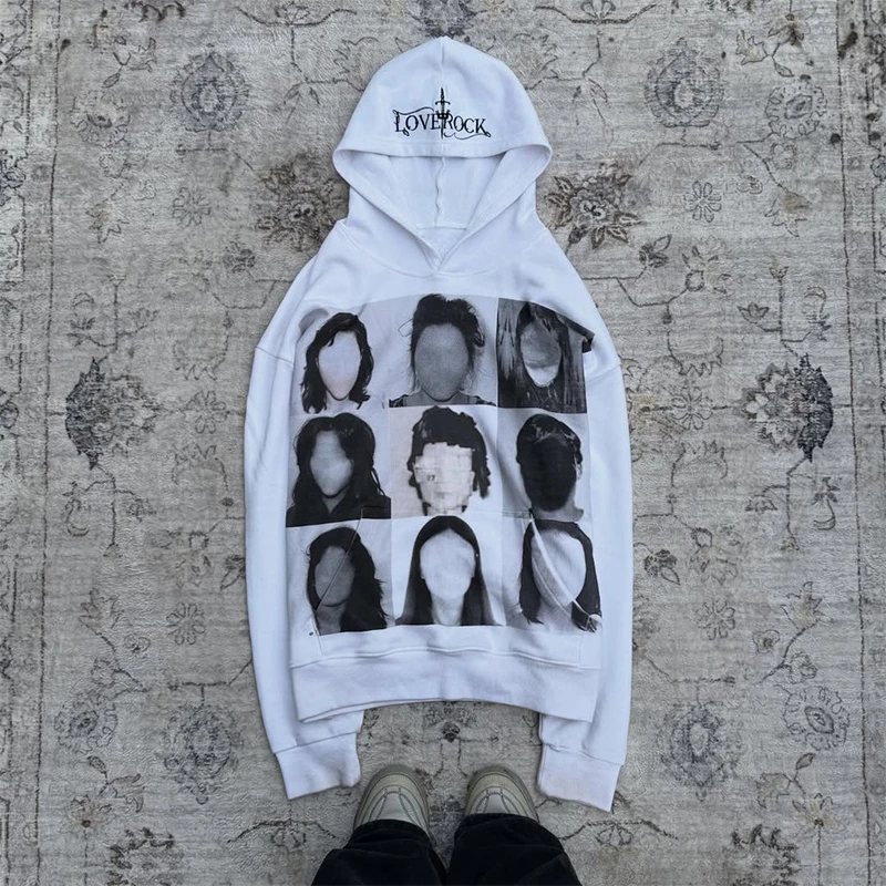 

Винтажный коллаж с портретным графическим принтом, модный свободный пуловер большого размера с капюшоном Y2K для мужчин и женщин, удобная повседневная уличная одежда