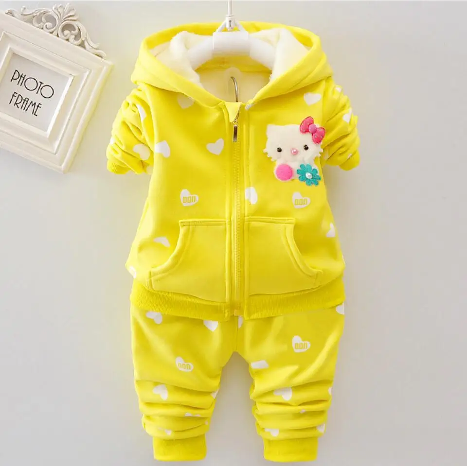 Thick Milk Velvet Toddler Baby Girls Clothes Set Autumn Winter Cartoon 2PCS Outfits Cute Cat Hoodies Jacket And Pants Kids Suit