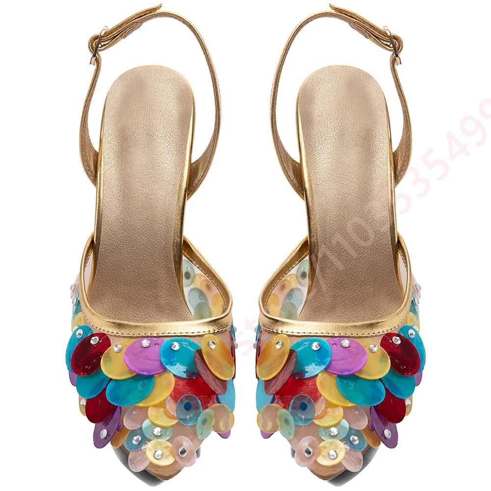 Women Golden Mesh Slingback Pumps Pointed Toe Stiletto Colorful Sequins Rhinestone Adjustable Buckle Evening Party Dress Sandals