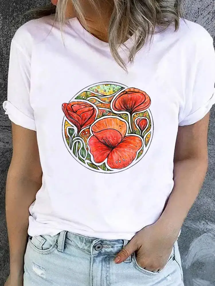 

Flower Cartoon Trend Cute T-shirt Ladies Fashion Basic Women Graphic Short Sleeve Clothing Tee Top Clothes Print T Shirt