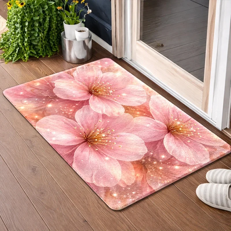 Flannel Floor Mat, Romantic Pink Floral Pattern Floor Mat, for Bedroom, Living Room, Bathroom, Kitchen, Balcony, Corridor, Porch, Office, Bedside, Entrance Mat
