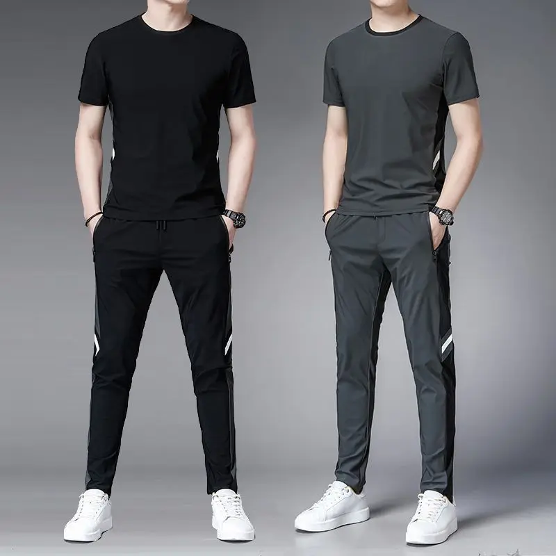 T Shirt Man Jogging Sports Suits Smooth Tracksuit Khaki Men\'s Clothing Sportswear Top Short Quarter Sleeve Pants Sets Essential