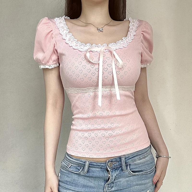 Darlingaga Korean Pink Cute Coquette Sweet Summer T-shirts Women Bow Lace Patched Slim Cropped Top Girls Cutecore Tees Clothing