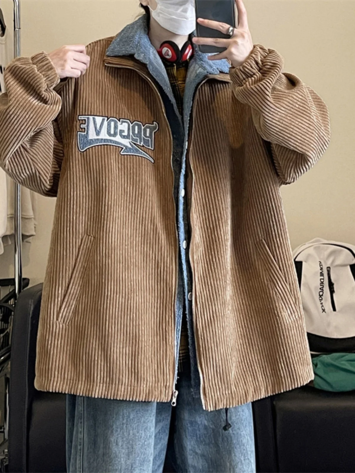 

Vintage Brown Corduroy Men's Jaet Autumn Fake Two-Piece Small Fraance Sle Baseball Jaet American Sle Youth Faion