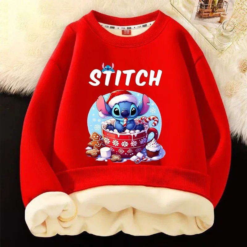 STITCH Toddler Christmas Sweatshirts Cartoon Print Crewneck Pullover Thickening Tshirt Kid Winter Long Sleeve Top Cute Clothes