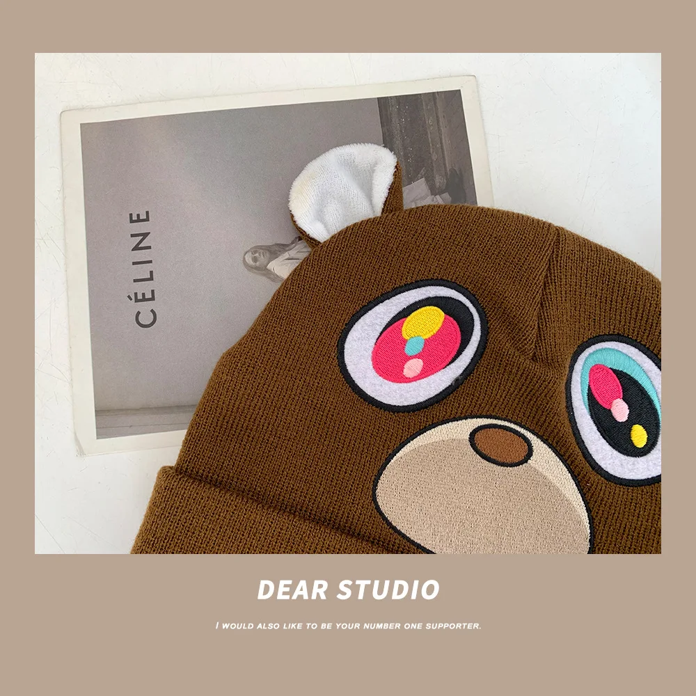 Kanye Little Bear Ins Fashion Knitted Wool Hat Warm Autumn and Winter Brown Dropout Bear Cold Hat