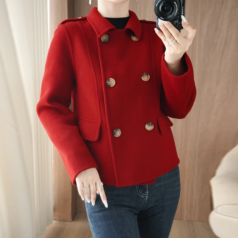 

Двустороннее шерстяное женское пальто из 100% чистой шерсти, короткое двубортное модное свободное миниатюрное пальто, женская одежда