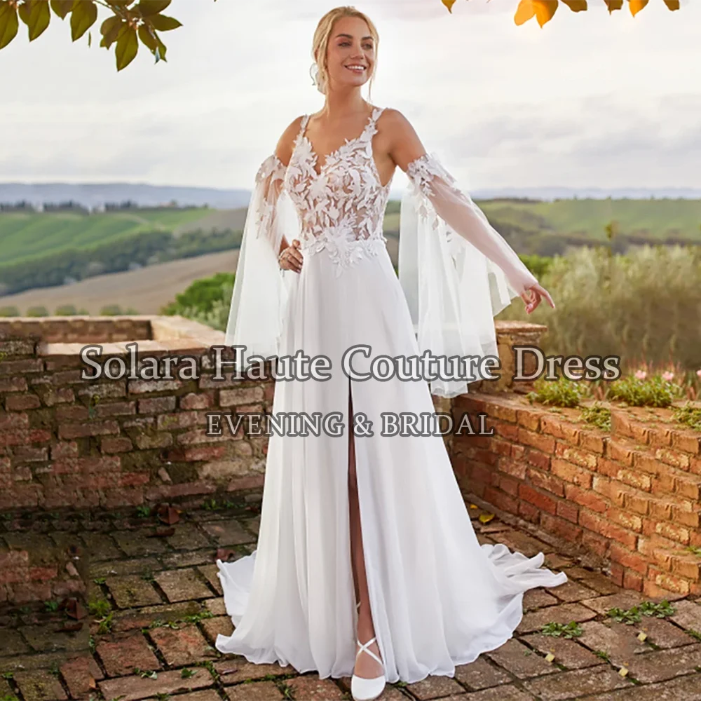 Boho A-Line Wedding Dresses Deep V Neck Brides Dress Lace Appliques Detachable Tulle Sleeves Slit Bridal Gown Customized