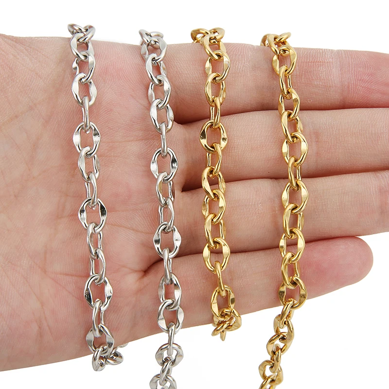 1 Meter No Fade Stainless Steel Gold Color 7mm Width Cable Chains Flat Lip Chain for Bracelet Necklace Jewelry Making Finding