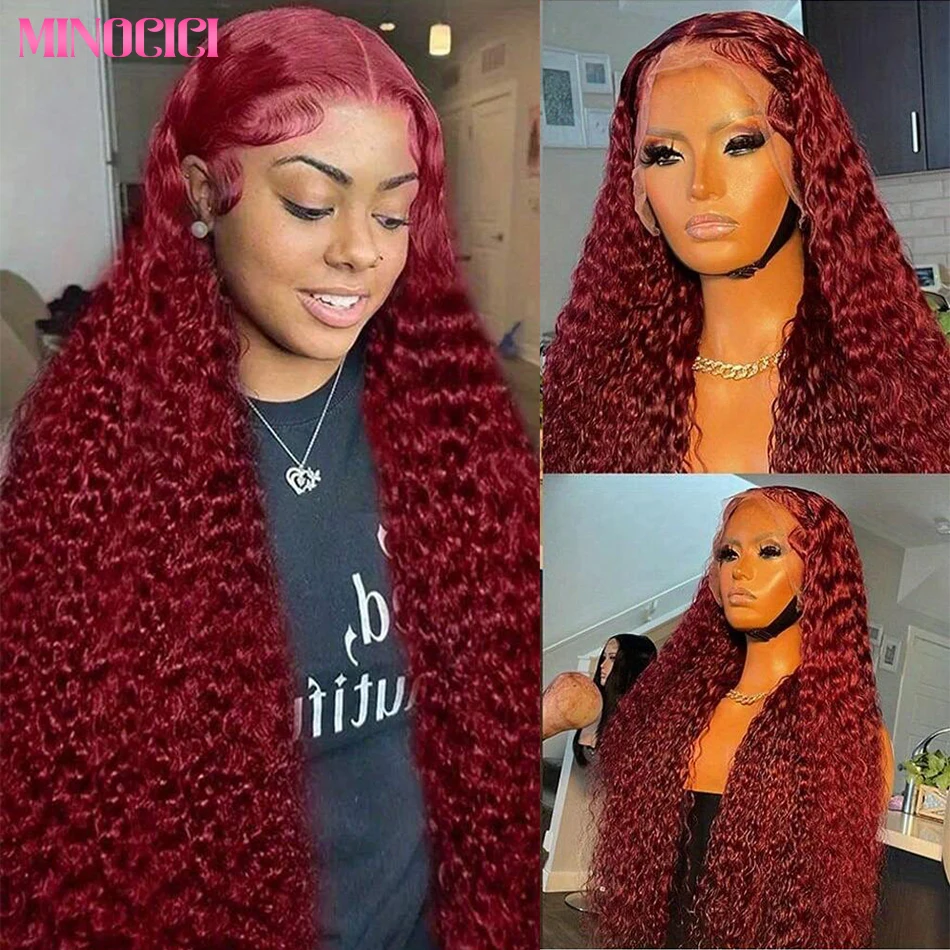 

Парик фронта шнурка глубокой волны, предварительно выщипанные человеческие волосы 99J, бордовый, 13x6 HD, прозрачный бразильский парик из натуральных волос, кружевной фронтальный парик для женщин