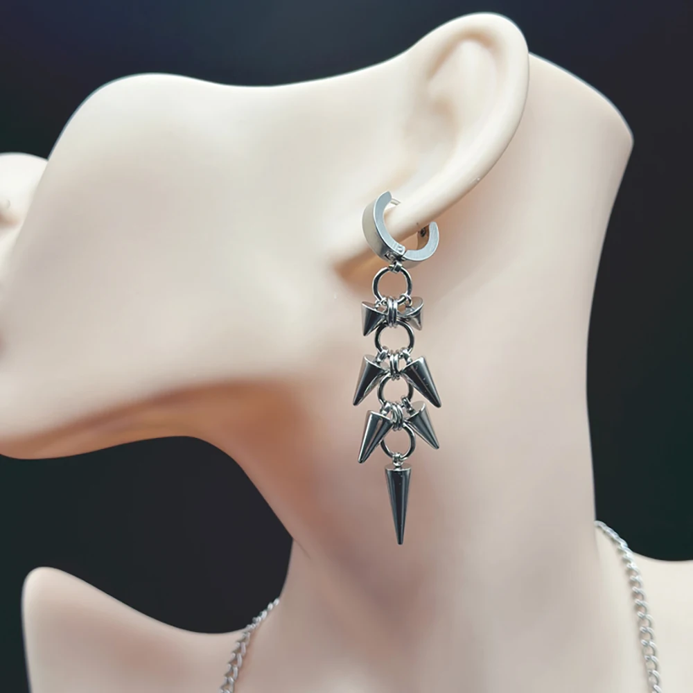 Gothic Punk Stainless Steel Spike Rivet Dangle Earrings Handmade Grunge Aesthetic Hip Hop Earrings for Women Men Unisex Jewelry