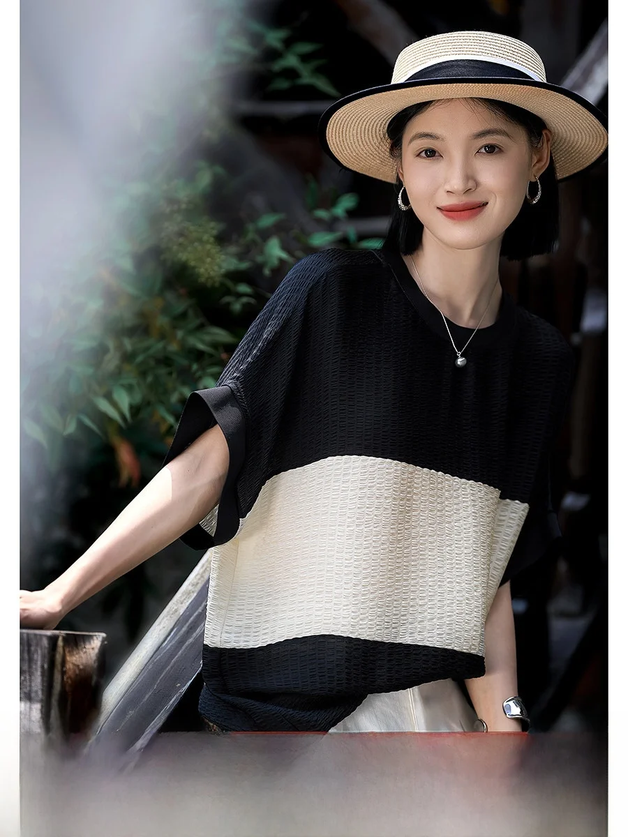 

Модный повседневный шелковый топ с пэчворком, укороченный, с эффектом персикового оттенка, для отдыха, летняя новинка, женская дышащая блузка, приятная к телу.