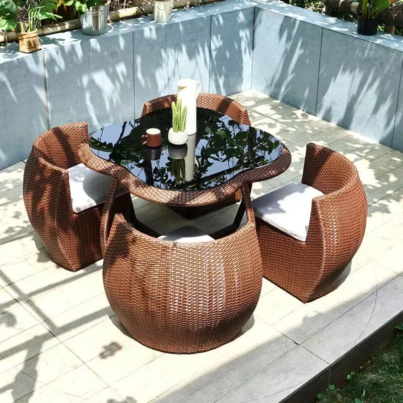 Outdoor Rattan Table Chair Set Simple Modern Design Aluminum Alloy Frame Waterproof Sunscreen 4 Seater for Garden Hotel